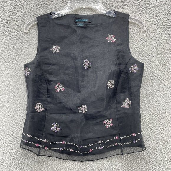 Vintage 90s Y2K BCBG Top S Black Embroidered Flowers Goth Grunge Sheer Square - Picture 1 of 10